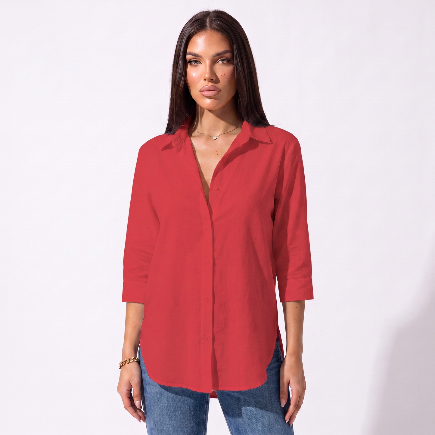 Loose V-neck button shirt, Red, full look
