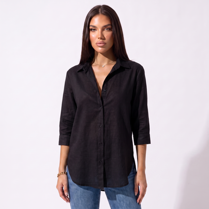 Loose V-neck button shirt, Black, full look