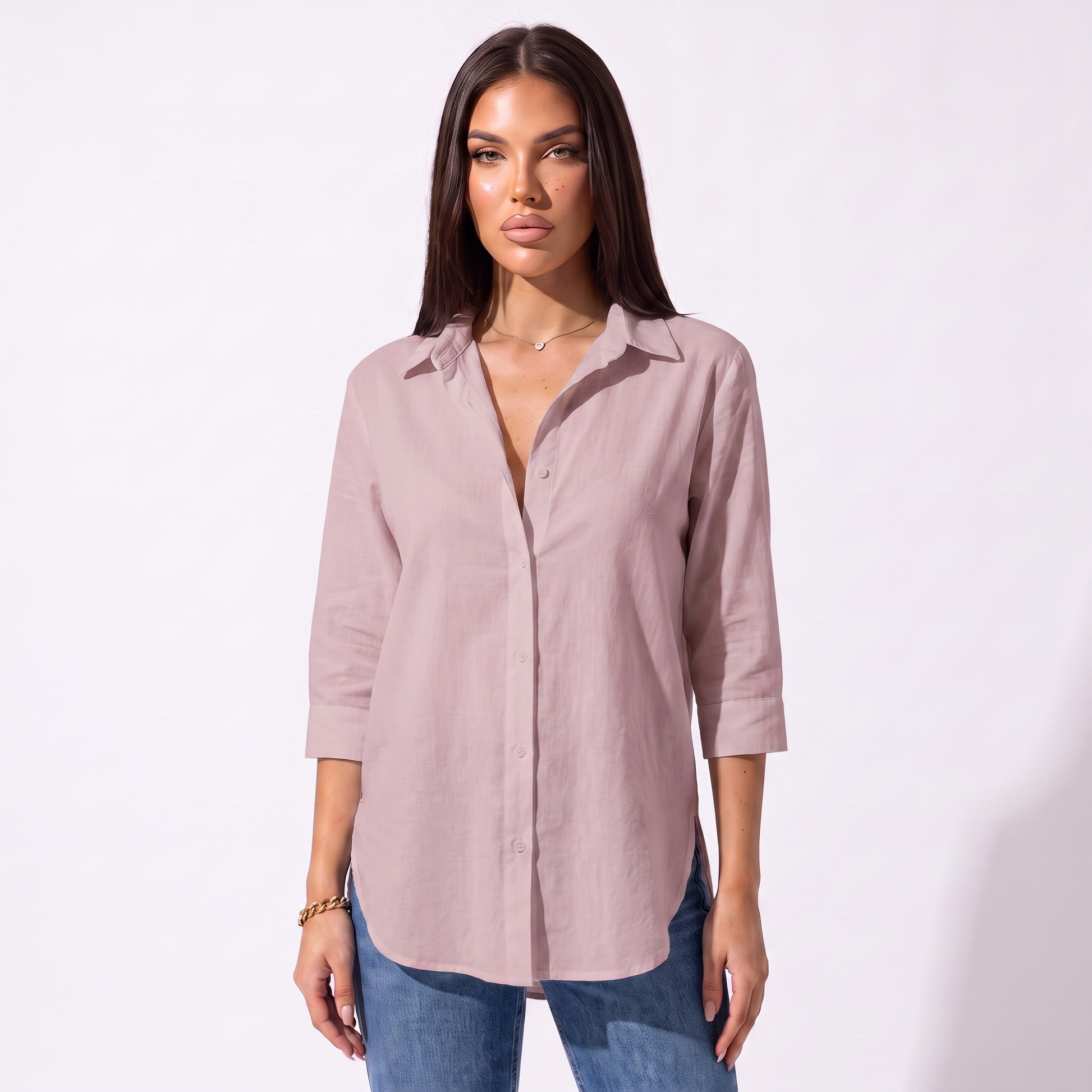 Loose V-neck button shirt, Leather powder, full look