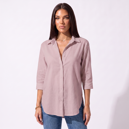 Loose V-neck button shirt, Leather powder, full look