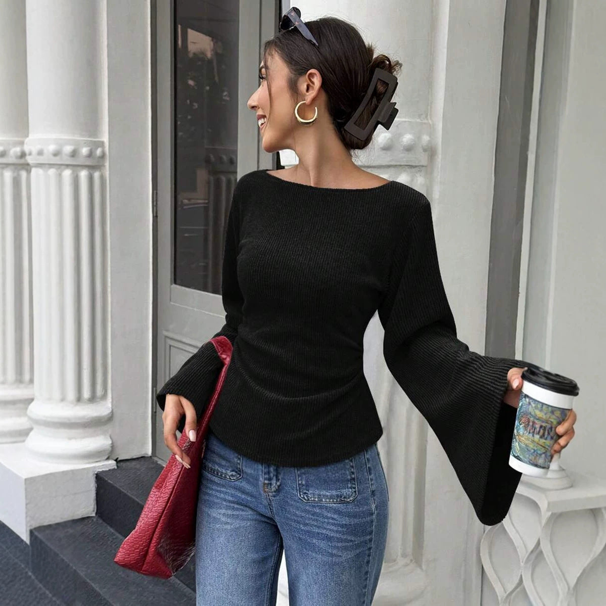 Waist-Cinch Flare-Sleeve Knit Top - Black