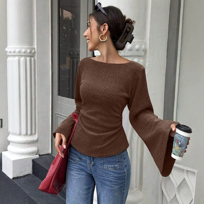 Waist-Cinch Flare-Sleeve Knit Top - Coffee