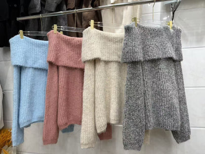 One-Shoulder Chunky Knit Sweater - Blue