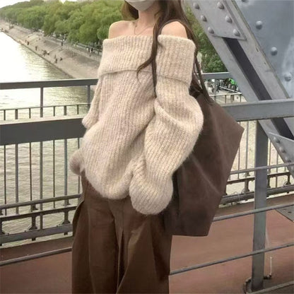 One-Shoulder Chunky Knit Sweater - Cream