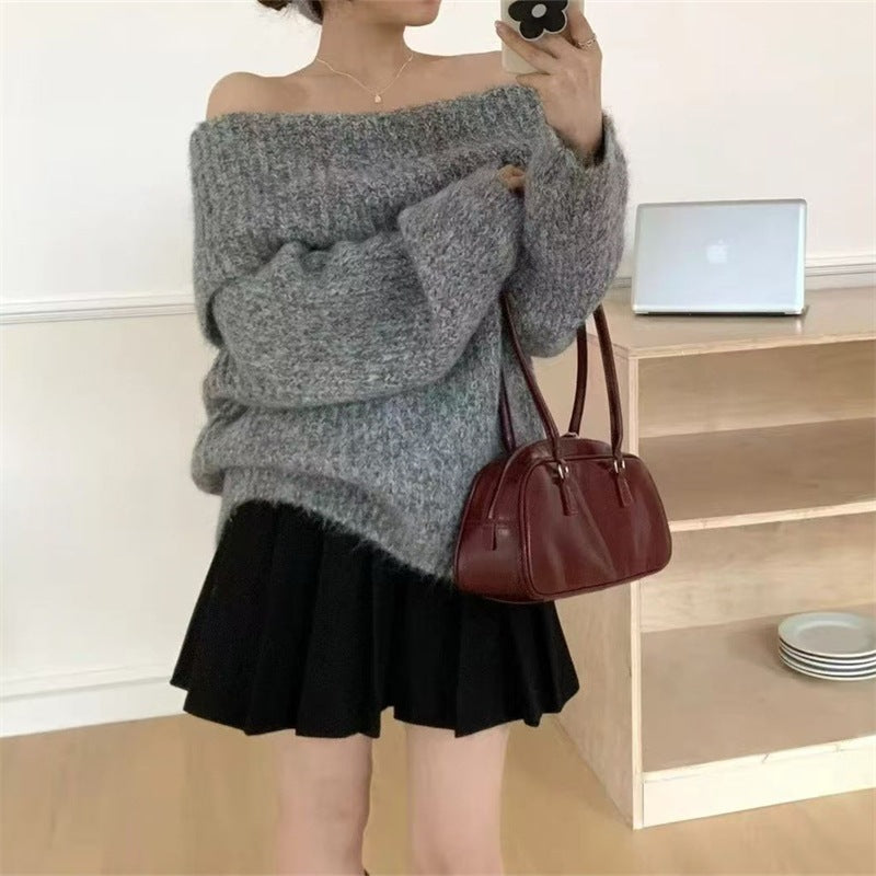 One-Shoulder Chunky Knit Sweater - Grey