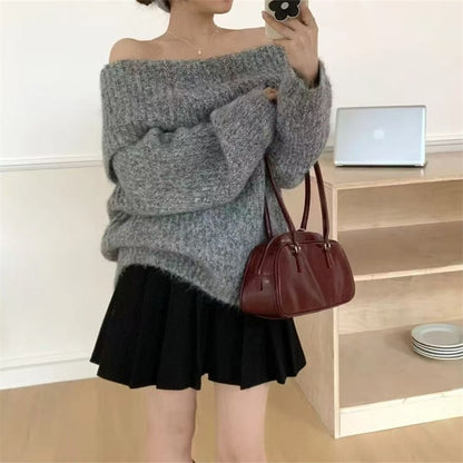 One-Shoulder Chunky Knit Sweater - Grey