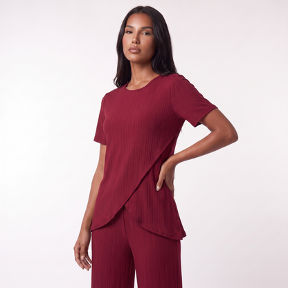 Two-piece crossover-hem set, Wine red, full look