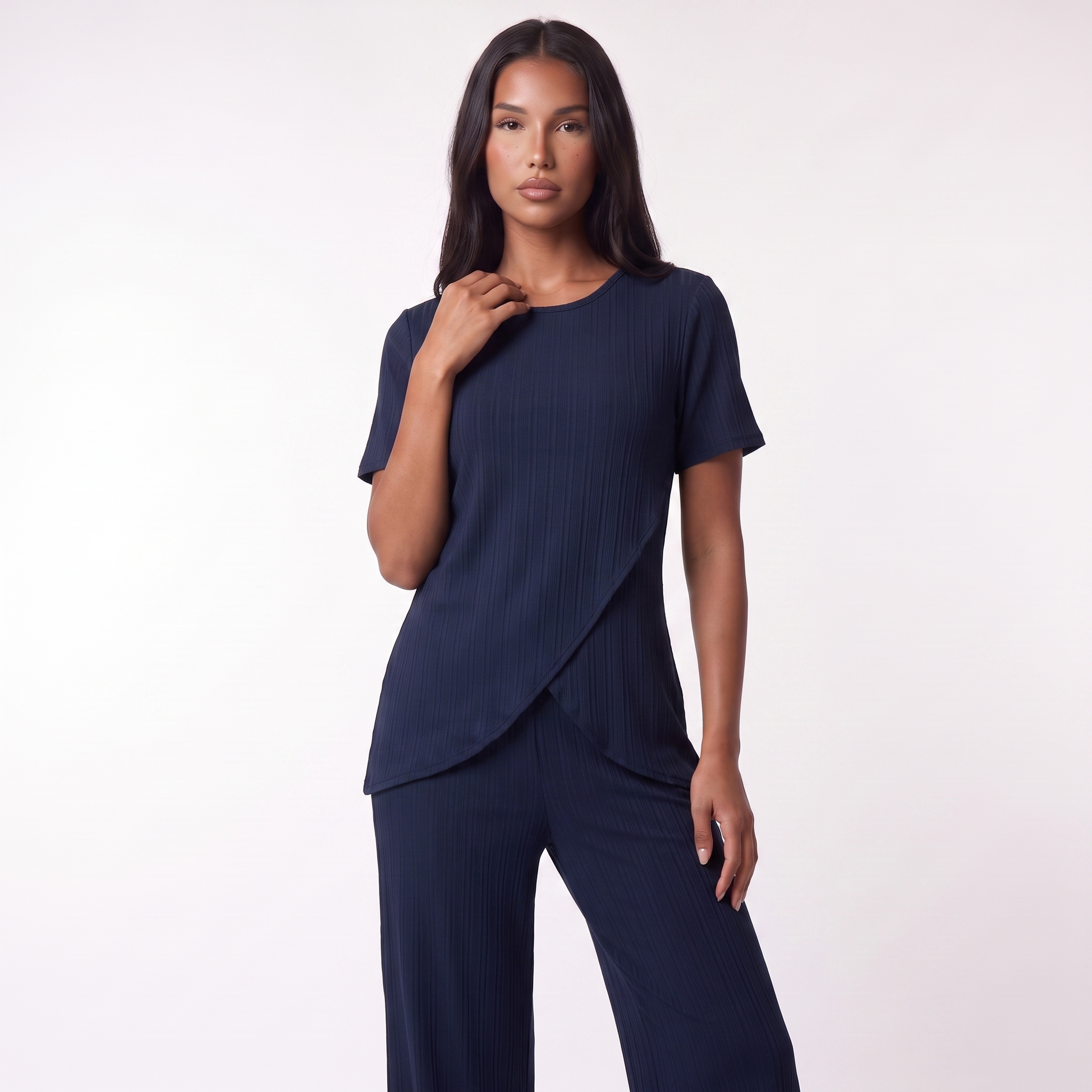 Two-piece crossover-hem set, Navy blue, full look