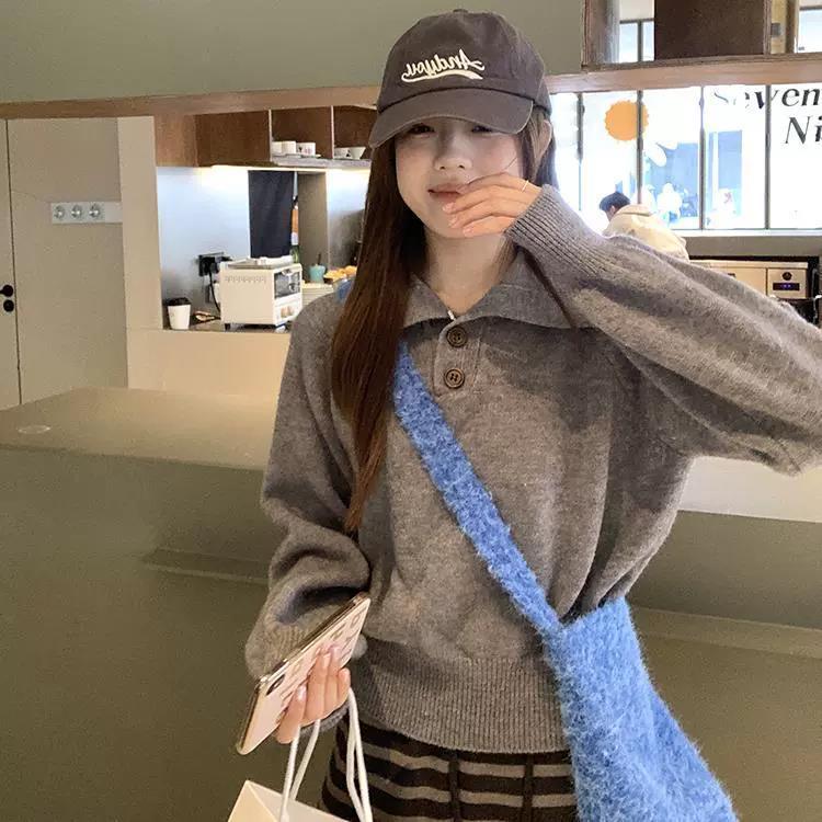 Polo Collar Knit Sweater - Grey