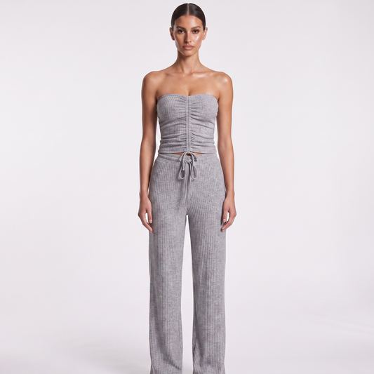 Strapless ruched bandeau top and wide-leg trousers set, Grey, full look
