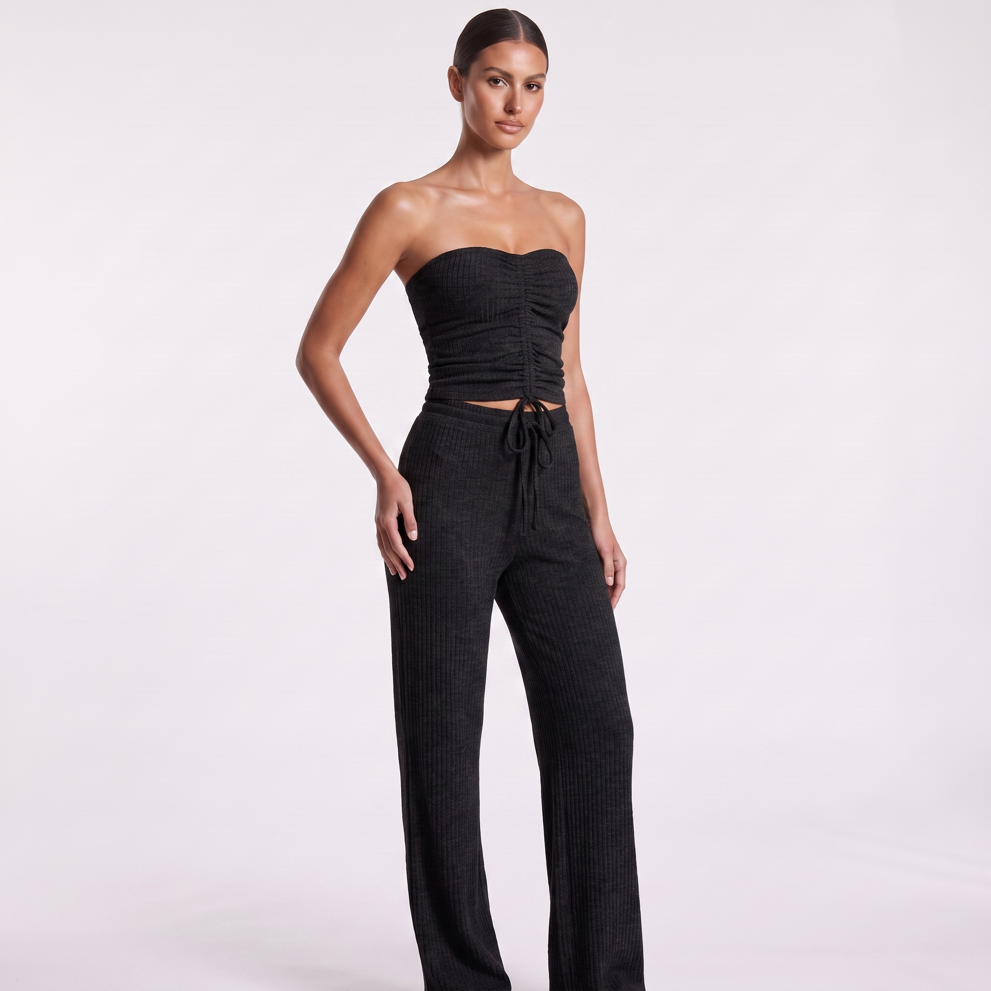 Strapless ruched bandeau top and wide-leg trousers set, Black, full look