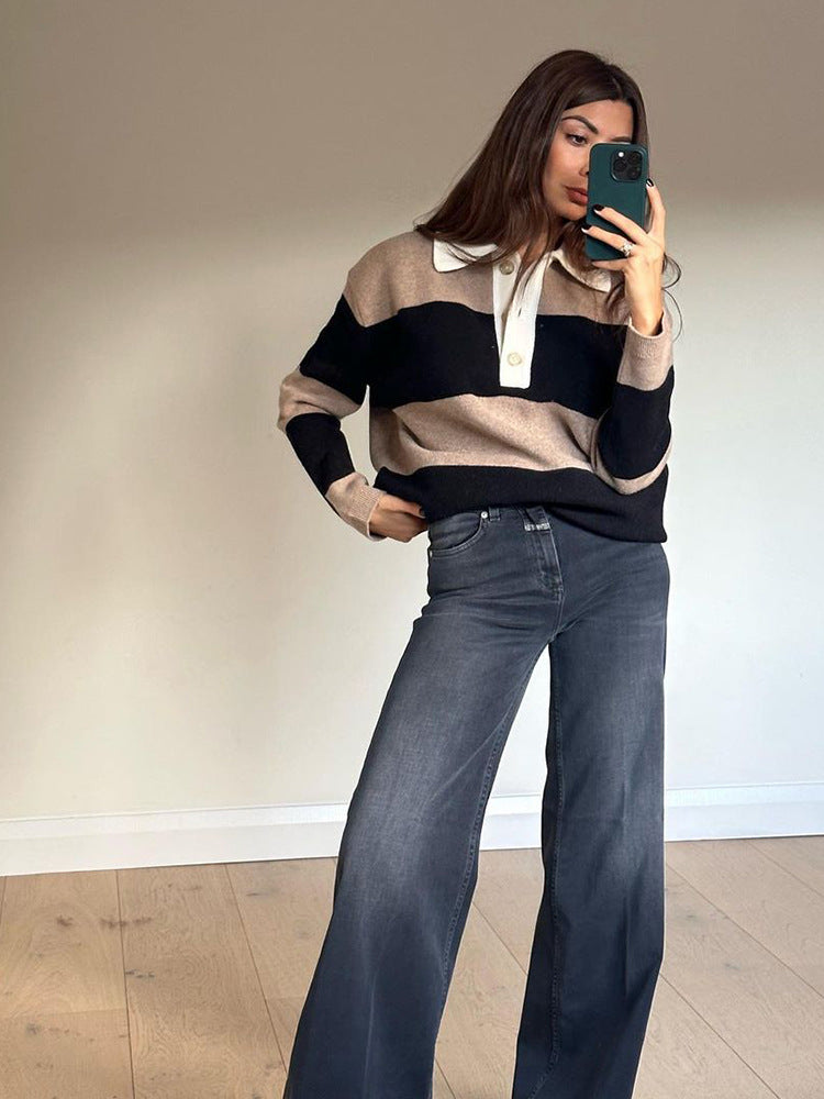 Lapel Colour-Block Polo Sweater - Taupe