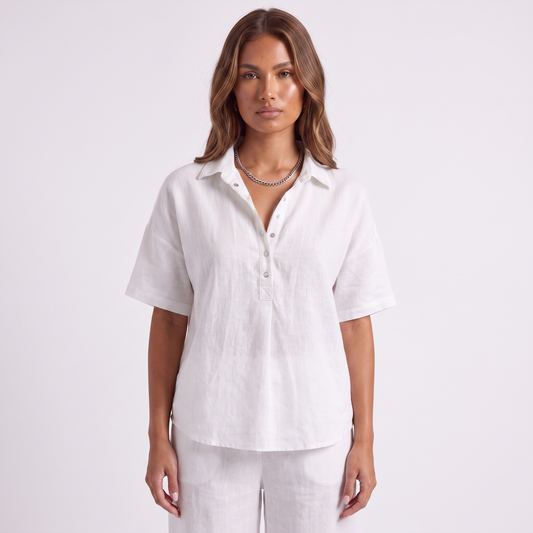 Linen lapel short-sleeve shirt, White, full look