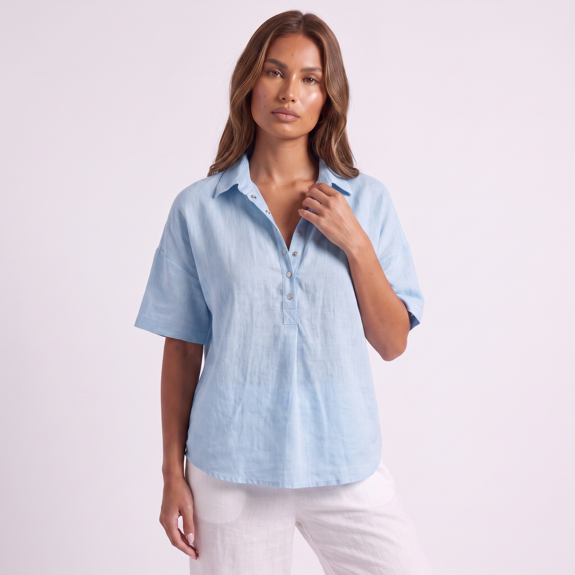 Linen lapel short-sleeve shirt, Light blue, full look