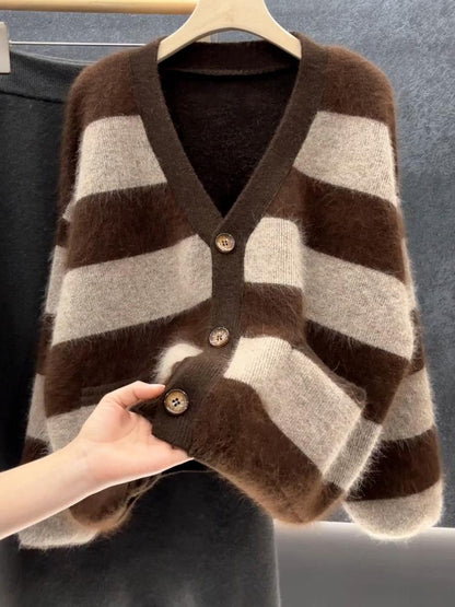 V-Neck Striped Mohair Cardigan - Brown Stripe
