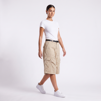 Multi-pocket workwear cargo shorts, Apricot, full look