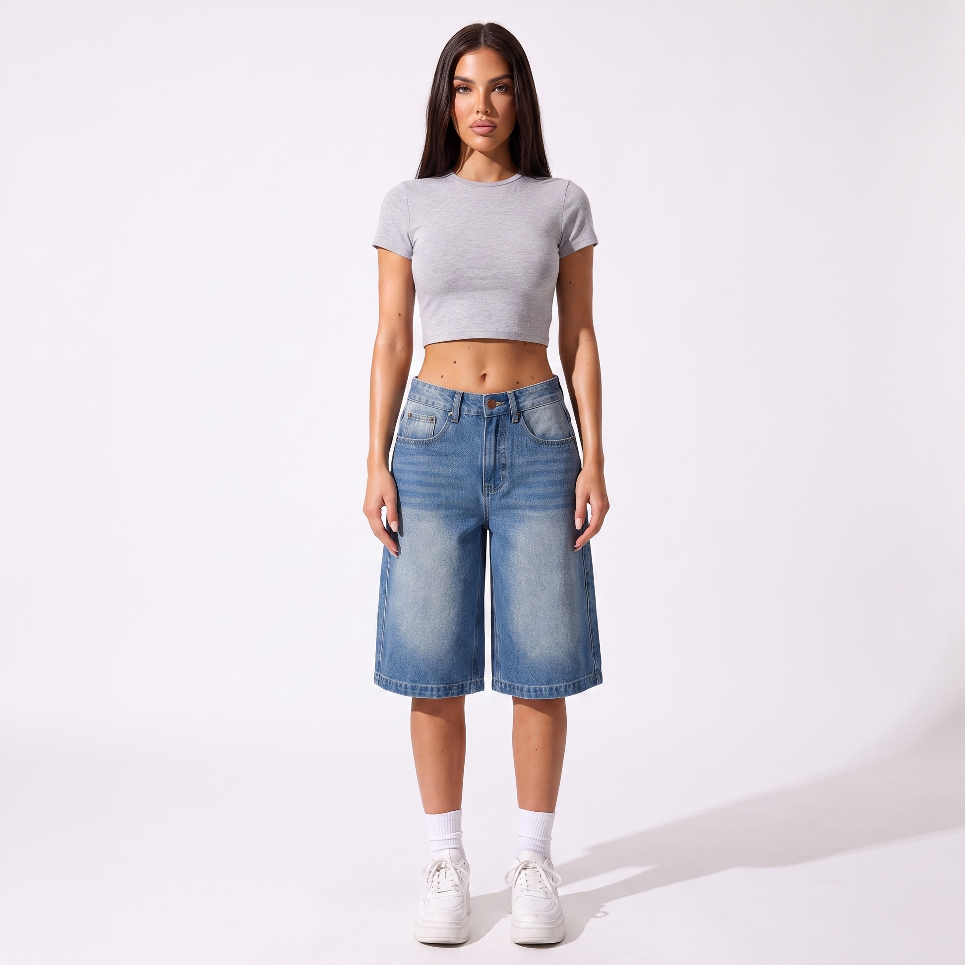 Straight-leg denim shorts, Blue, full look