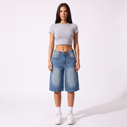 Straight-leg denim shorts, Blue, full look