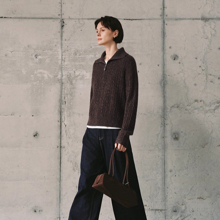 Half-Zip Cable Knit Sweater - Brown