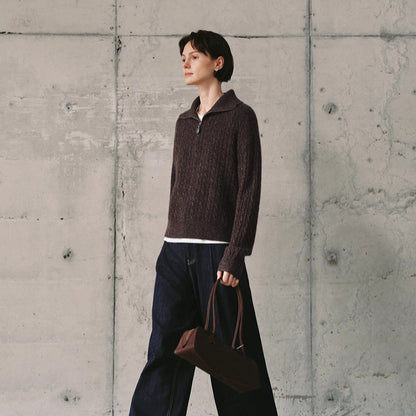 Half-Zip Cable Knit Sweater - Brown
