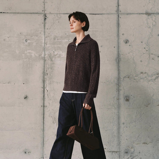Half-Zip Cable Knit Sweater - Brown