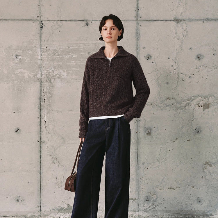 Maeve Women's Cable Knit Jumper - Half-Zip Funnel-Neck Chunky Knit