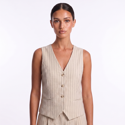 Ivory striped V-neck sleeveless waistcoat, front detail