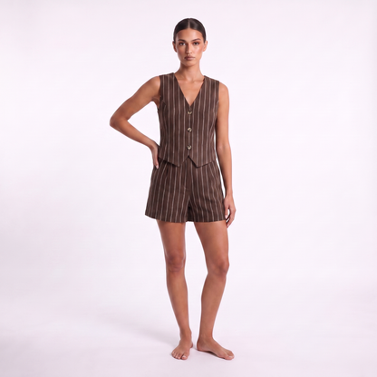 Striped V-neck waistcoat and shorts set in brown, front studio view