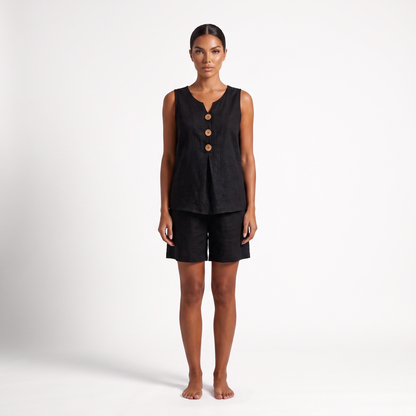 Women's V-neck button-front vest and shorts set in black, full-length front