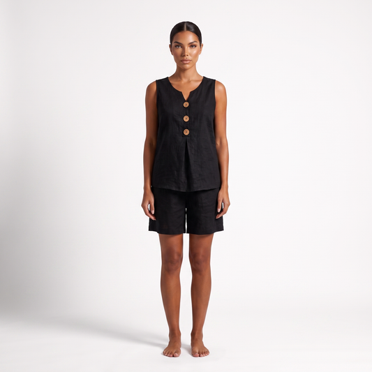 Women's V-neck button-front vest and shorts set in black, full-length front