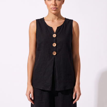 Black V-neck vest with wooden buttons, detail