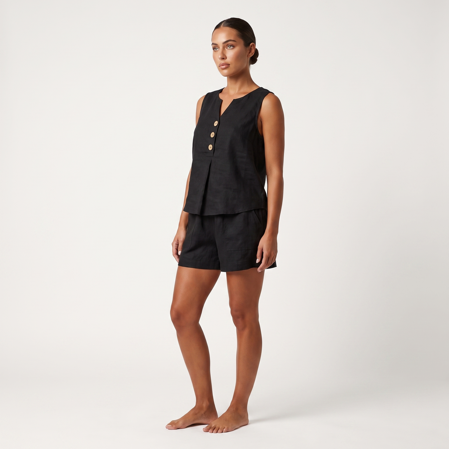 Black vest and shorts set, three-quarter view