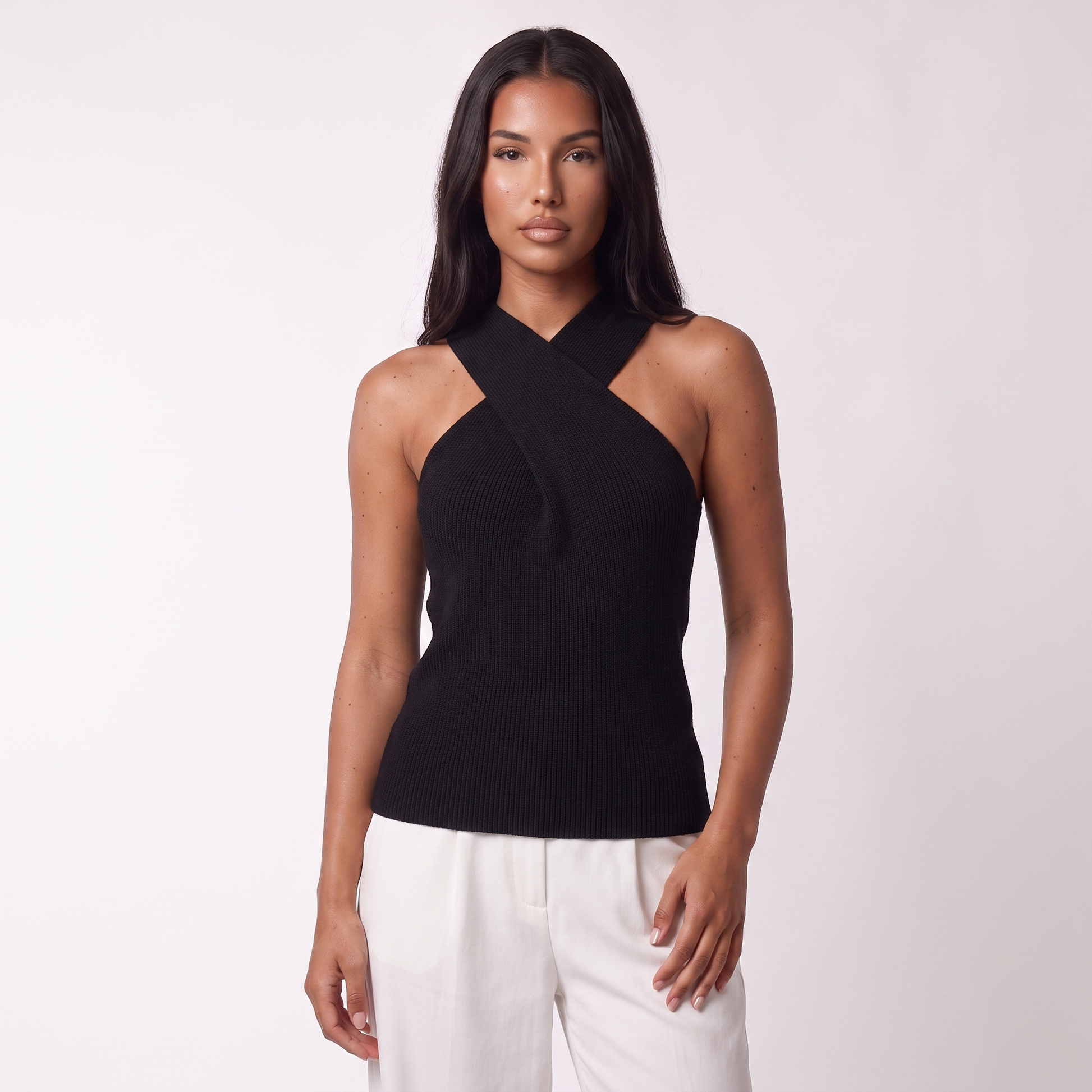 Criss-cross halter knit vest, Black, full look