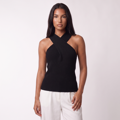 Criss-cross halter knit vest, Black, full look