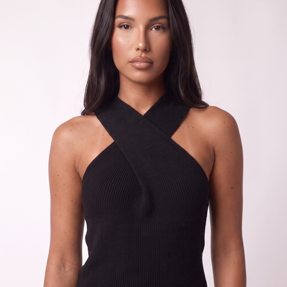 Criss-cross halter neckline detail