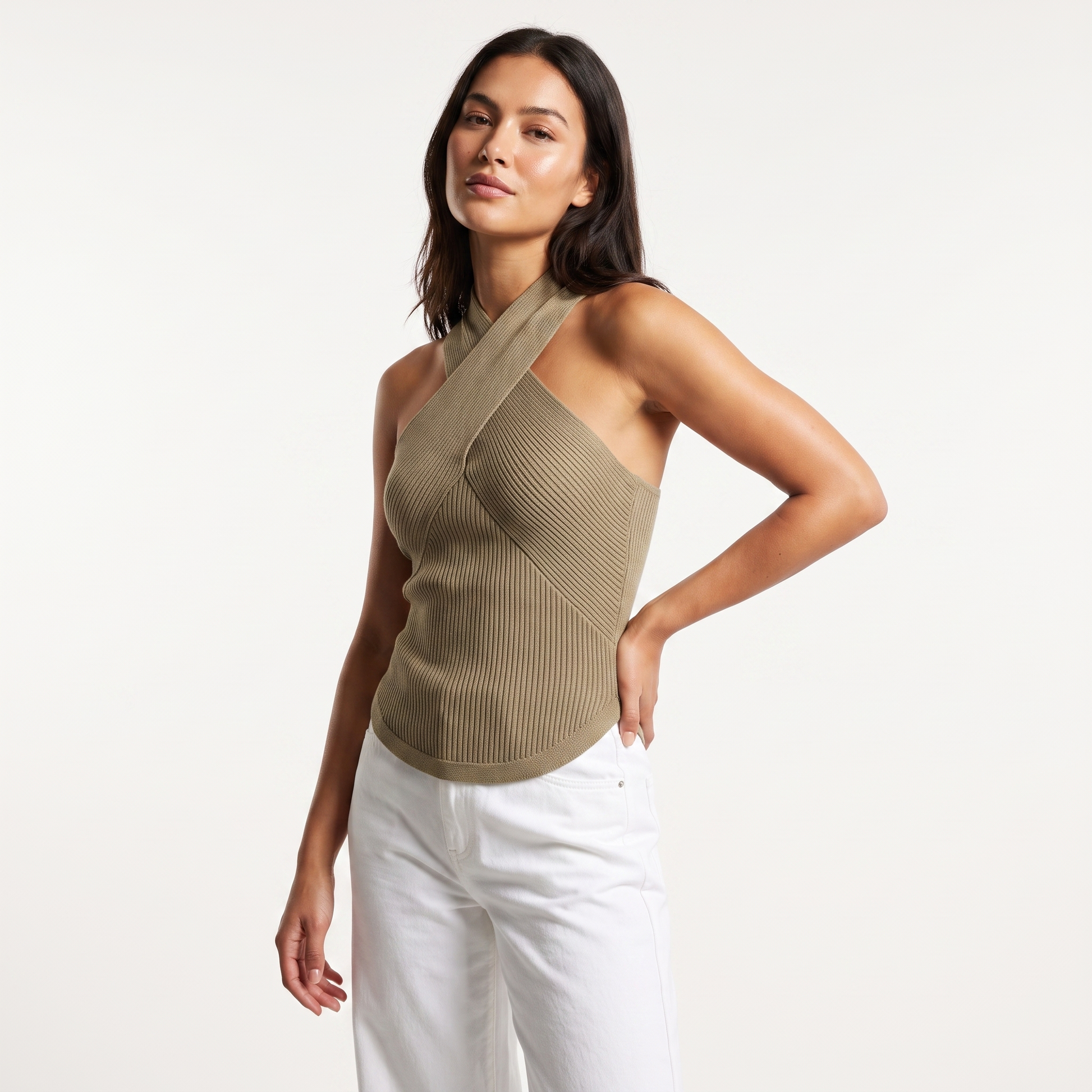 Criss-cross halter knit vest, Khaki, full look