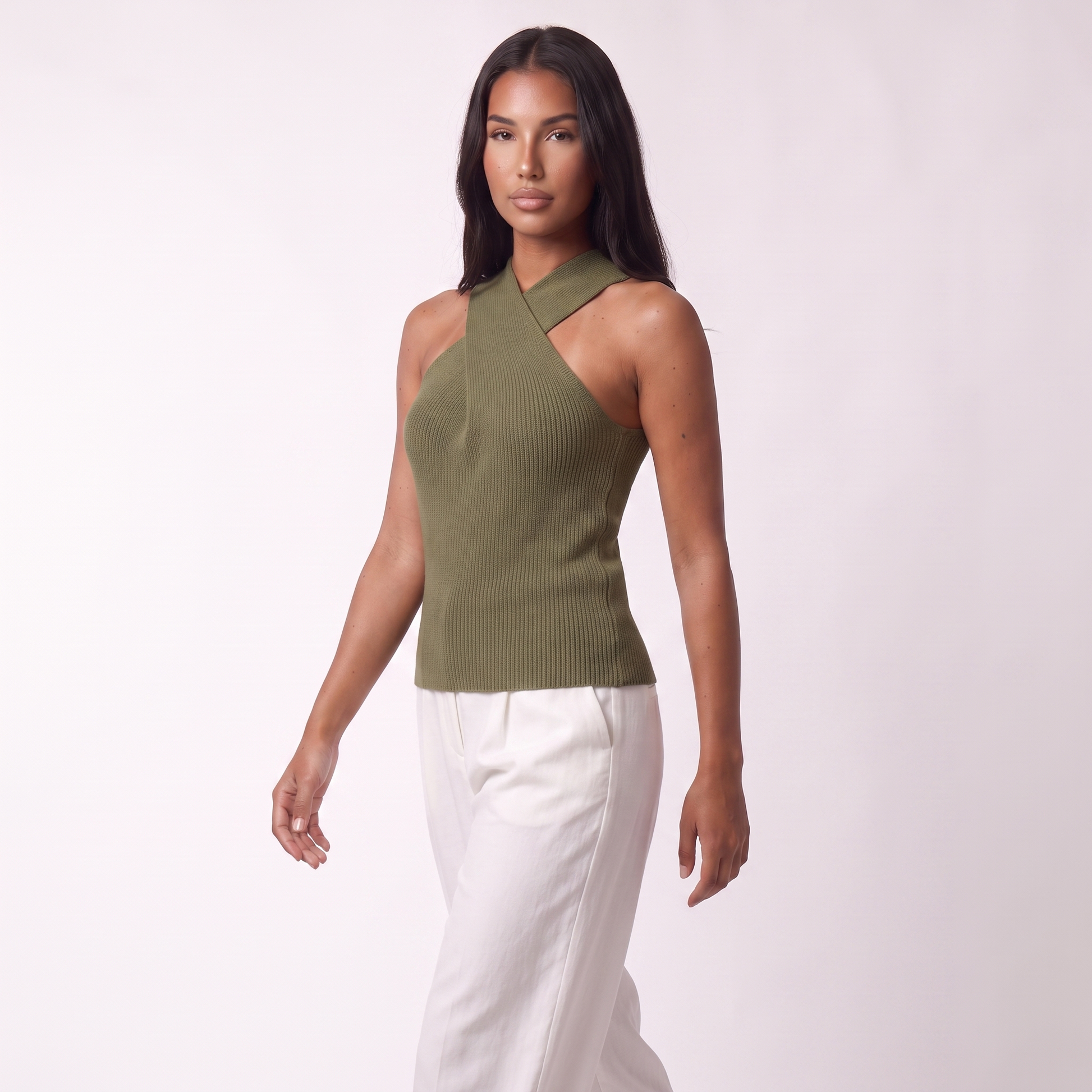 Criss-cross halter knit vest, Army green, full look