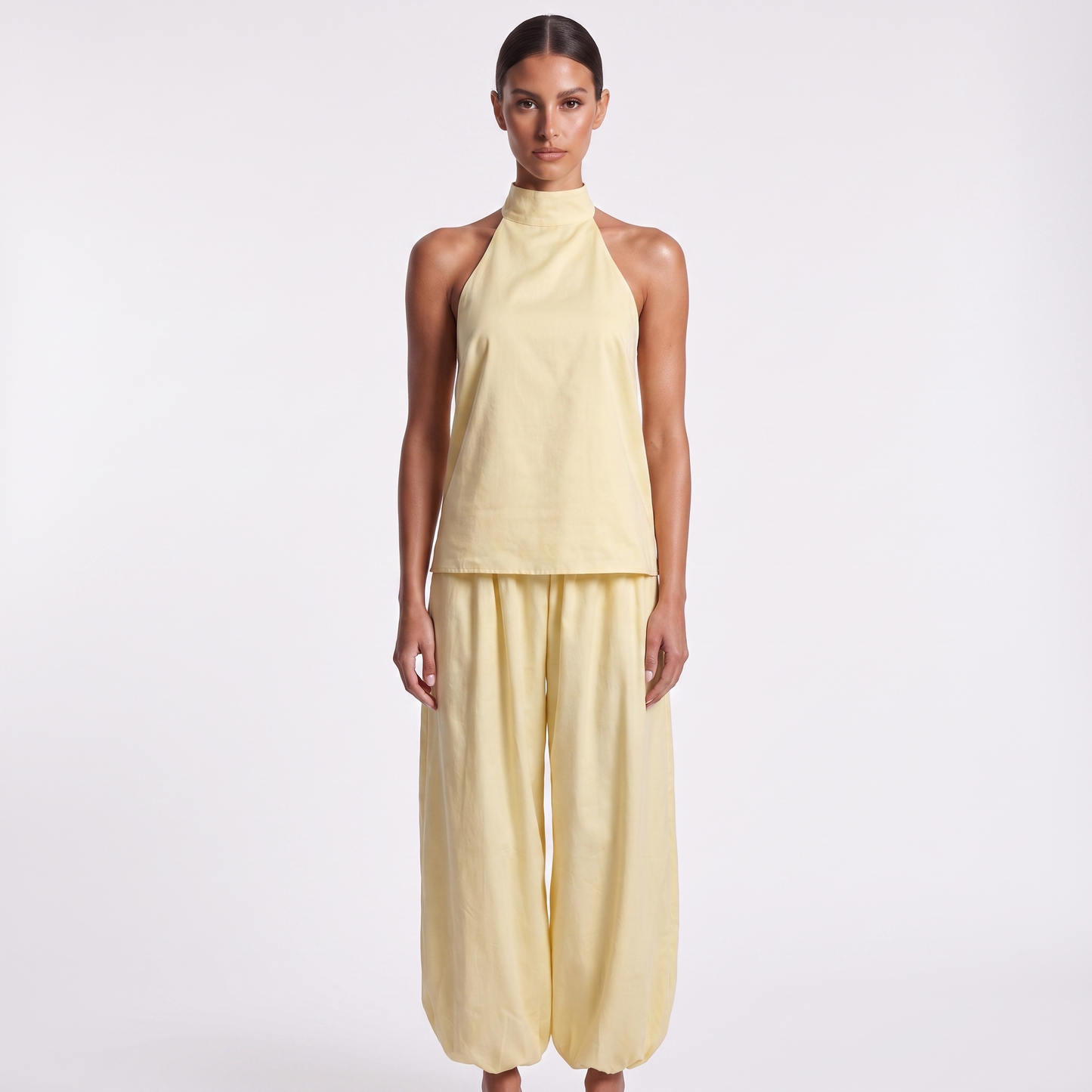 Halter neck top and lantern pants set, Yellow, full look