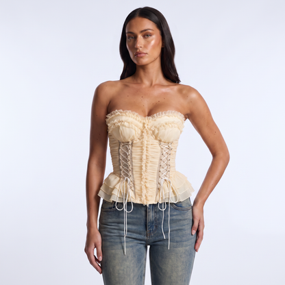 Apricot ruffled corset top front