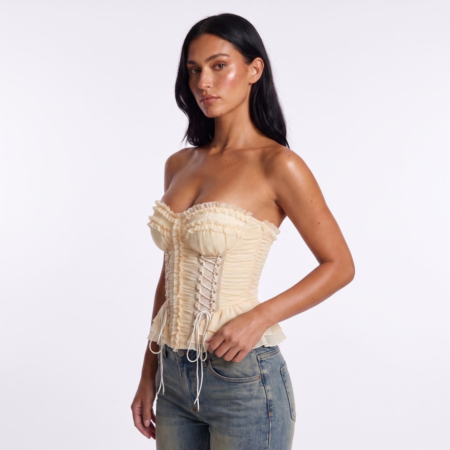 Apricot ruffled corset top three-quarter view