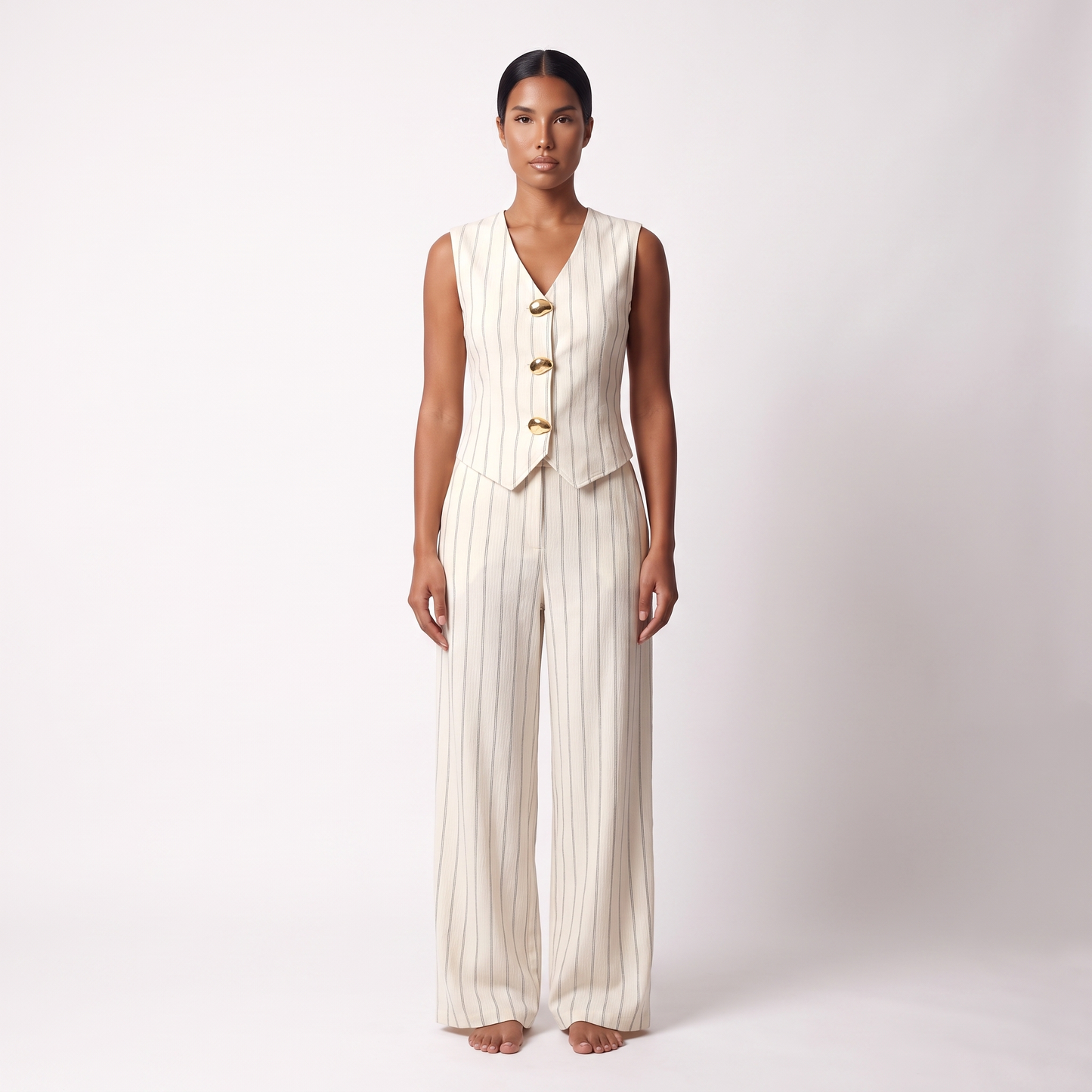 Cream pinstripe vest and wide-leg trousers set, full-length front