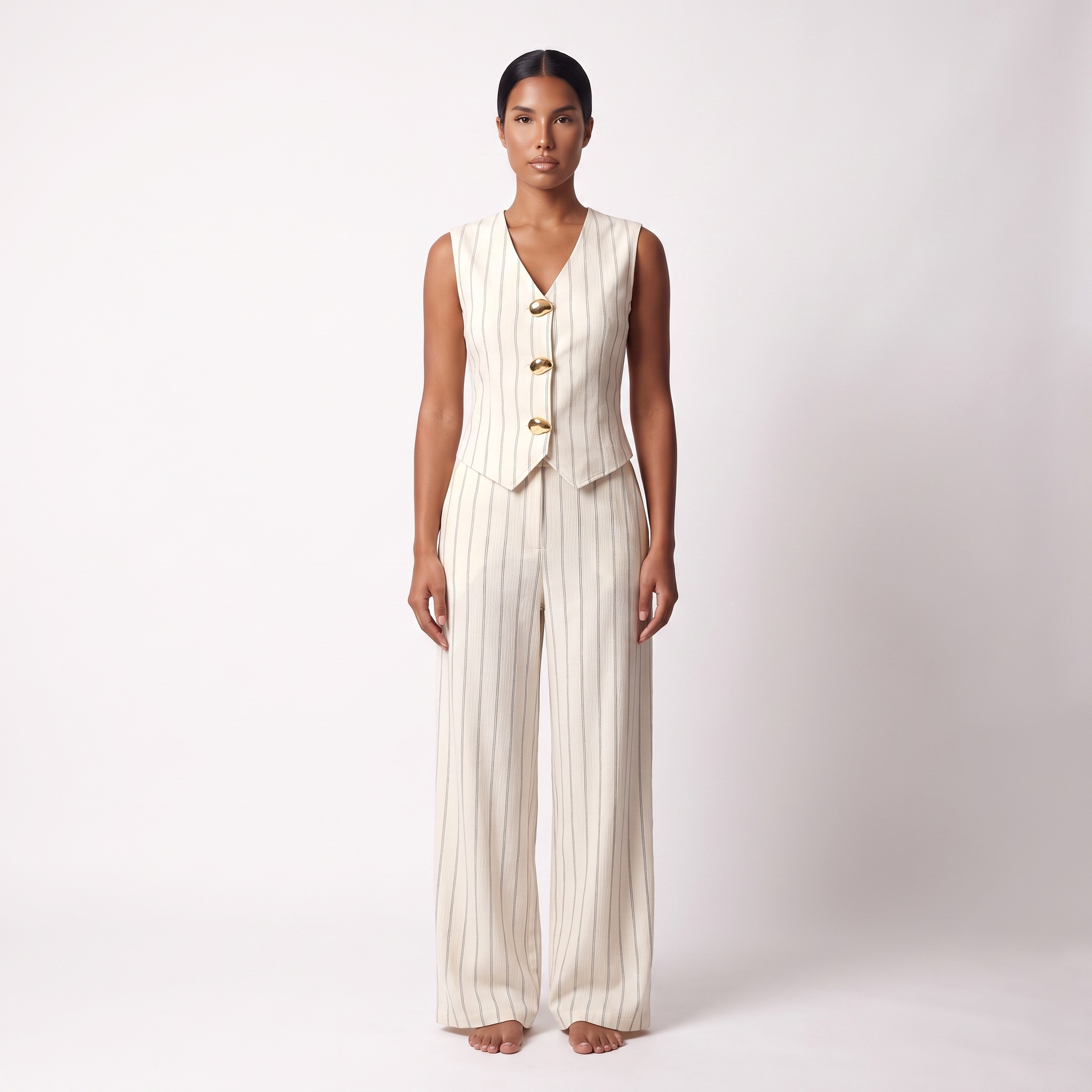 Cream pinstripe vest and wide-leg trousers set, full-length front