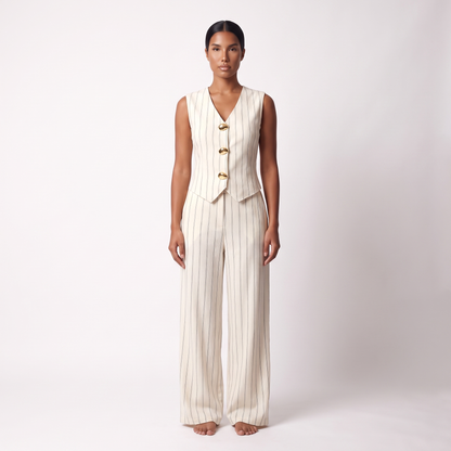 Cream pinstripe vest and wide-leg trousers set, full-length front