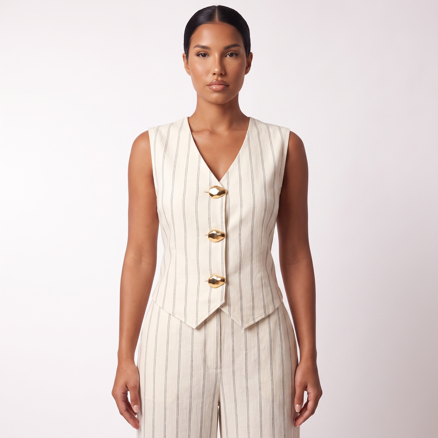 Cream pinstripe V-neck vest with gold buttons, detail