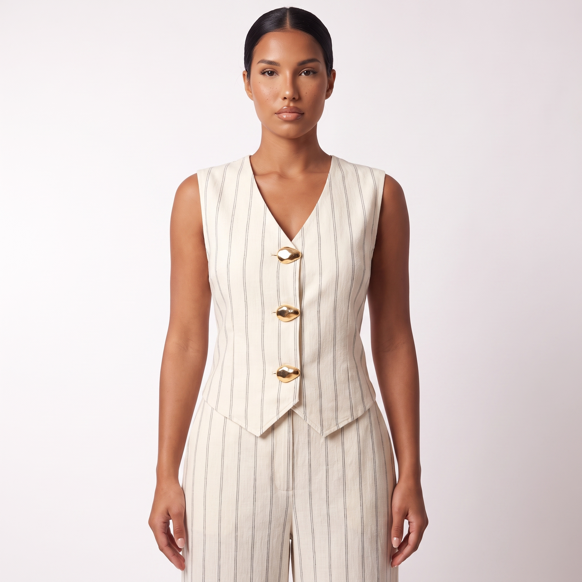Cream pinstripe V-neck vest with gold buttons, detail