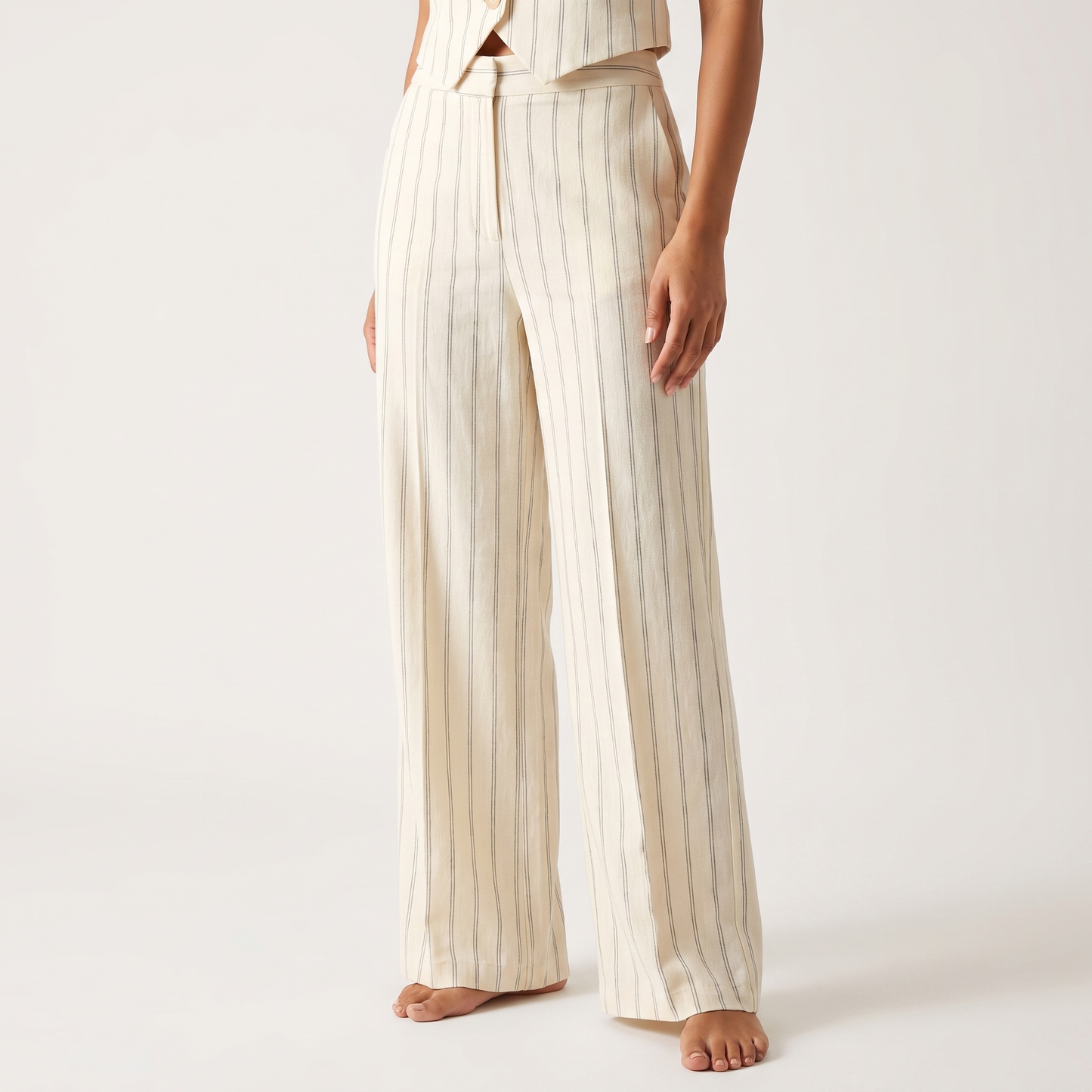 Cream pinstripe wide-leg trousers, detail
