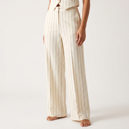 Cream pinstripe wide-leg trousers, detail