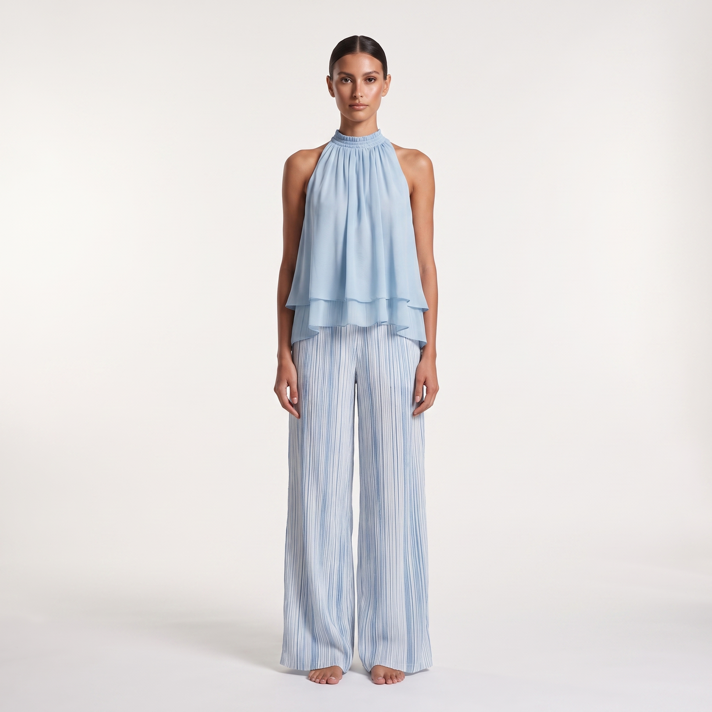 Sky blue chiffon halter top and striped wide-leg trousers set, full-length front