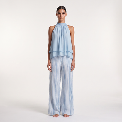 Sky blue chiffon halter top and striped wide-leg trousers set, full-length front