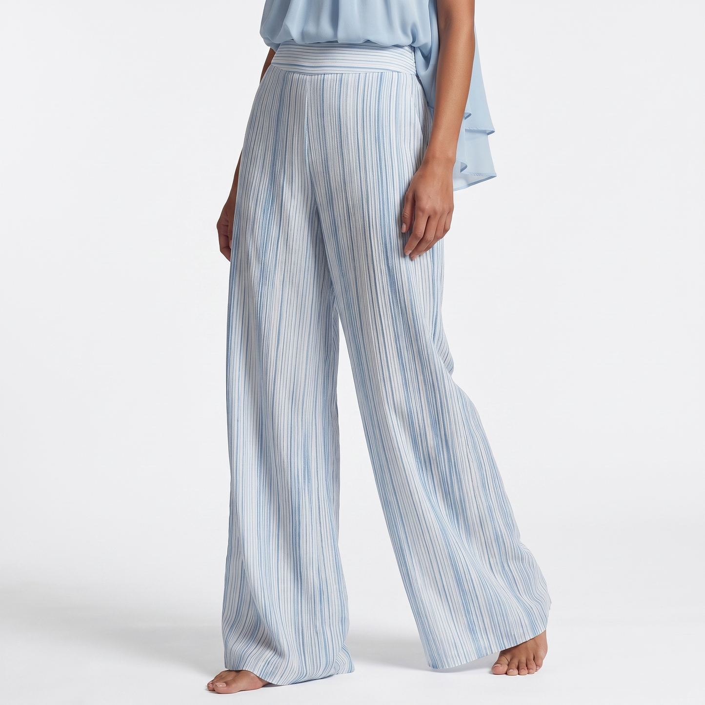 Blue and white striped wide-leg trousers, detail